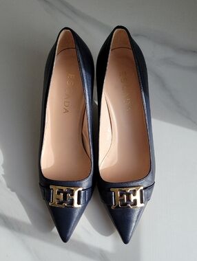 Escada Navy Pointed Leather Pumps with Gold Buckle